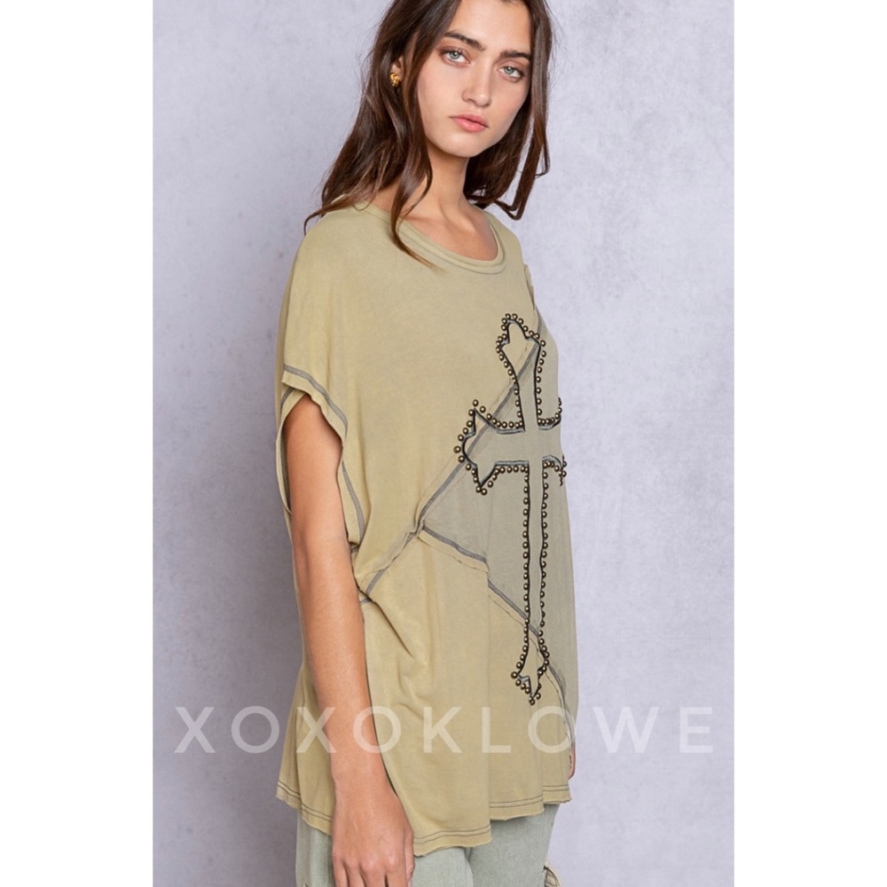 POL Olive Two Tone Studded & Embroidered Cross Top - Picture 10 of 14